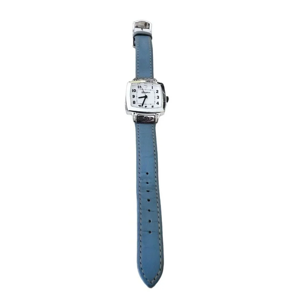 Brighton Orchard Watch Blue Leather Band Square Dial Silver Plated New Battery